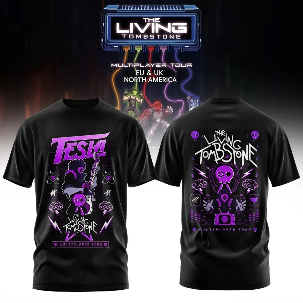 The Living Tombstone Multiplayer Tour Merch 2026 Tesla Purple Skull Guitar T-Shirt EDM Fan Gift - Kdjoy The Living Tombstone Multiplayer Tour Merch 2026 Tesla Purple Skull Guitar T-Shirt EDM Fan Gift - Kdjoy