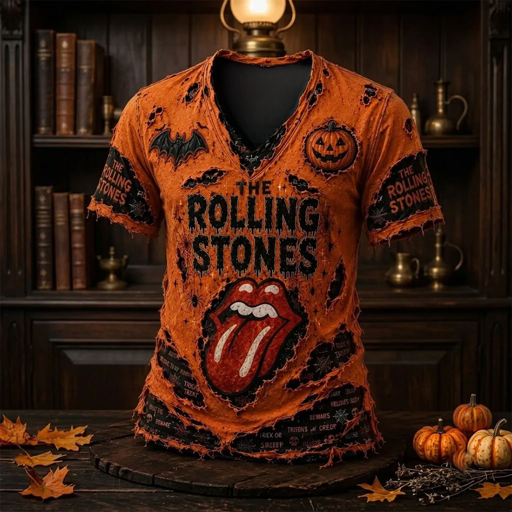 The Rolling Stones Halloween Orange Distressed V-Neck Shirt The Rolling Stones Merch Fan Gifts - Kdjoy