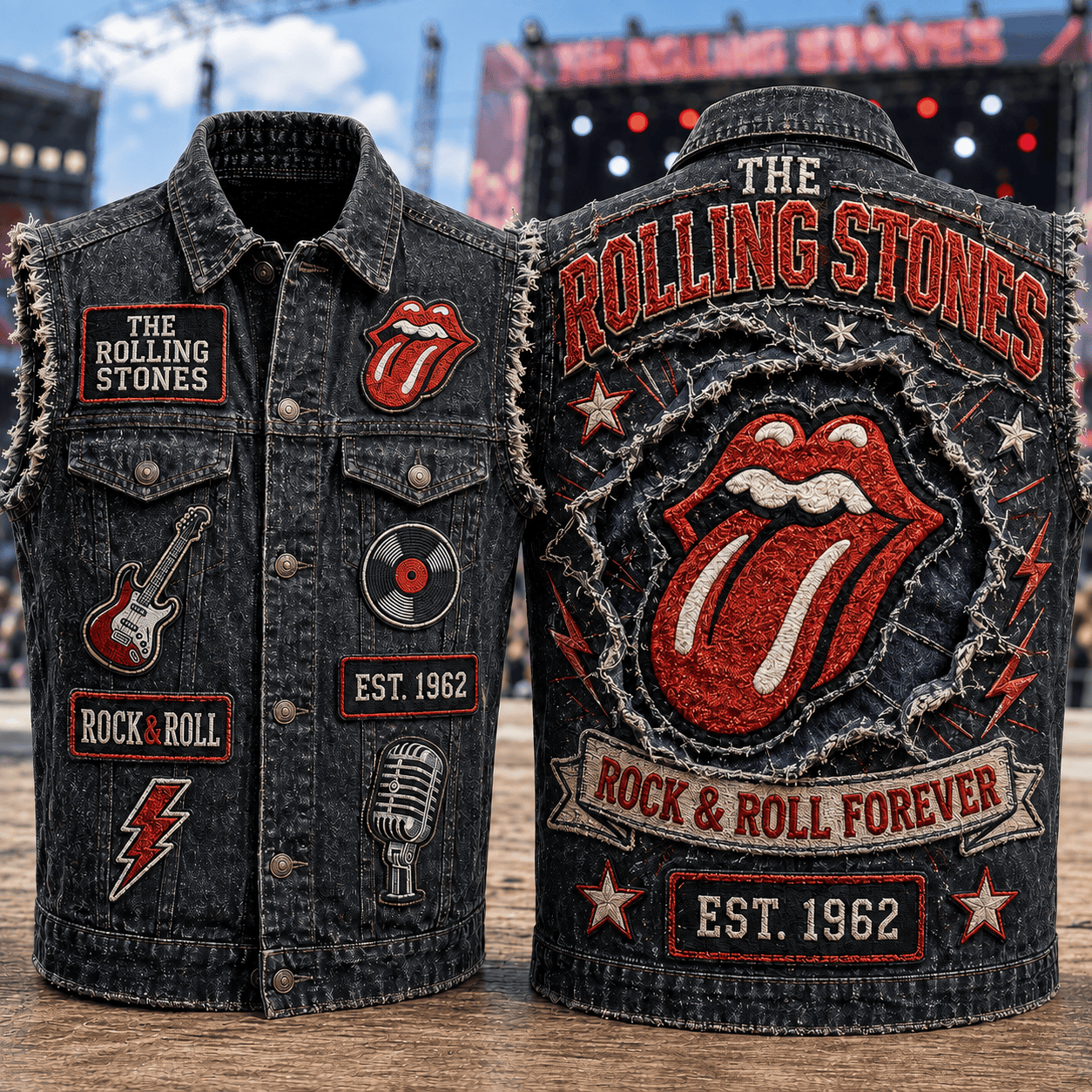 The Rolling Stones Rock And Roll Forever Denim Vest Tongue The Rolling Stones Merch Fan Gifts - Kdjoy