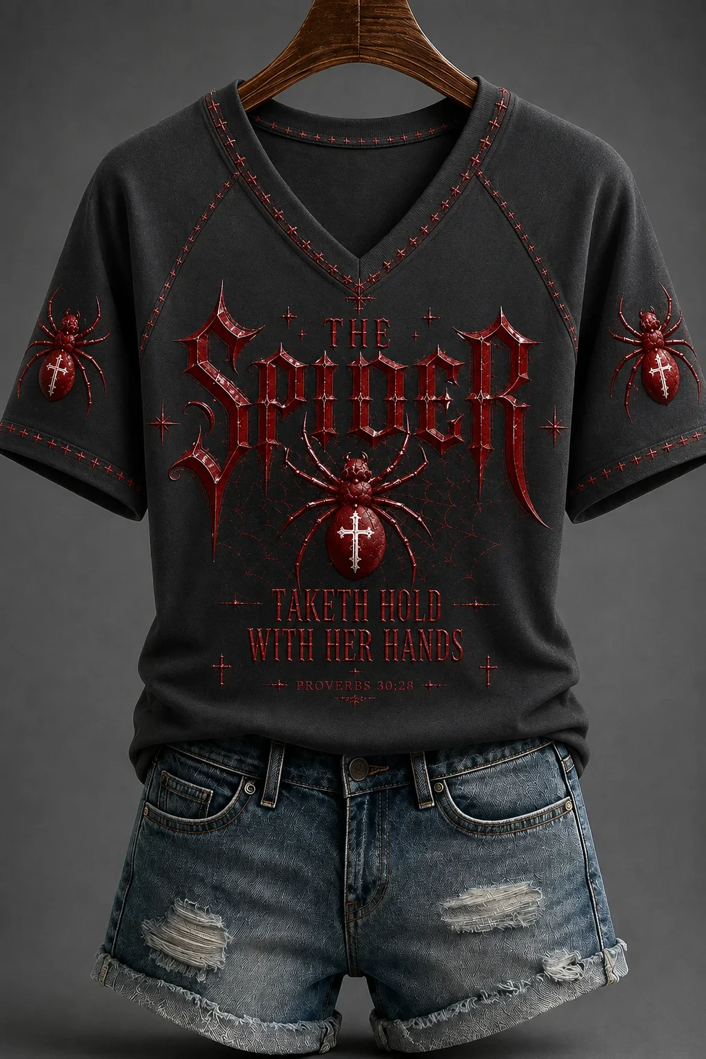 The Spider Taketh Hold With Her Hand V-Neck Shirt Bible Clothing Faith Based Gift For Women - Kdjoy The Spider Taketh Hold With Her Hand V-Neck Shirt Bible Clothing Faith Based Gift For Women - Kdjoy