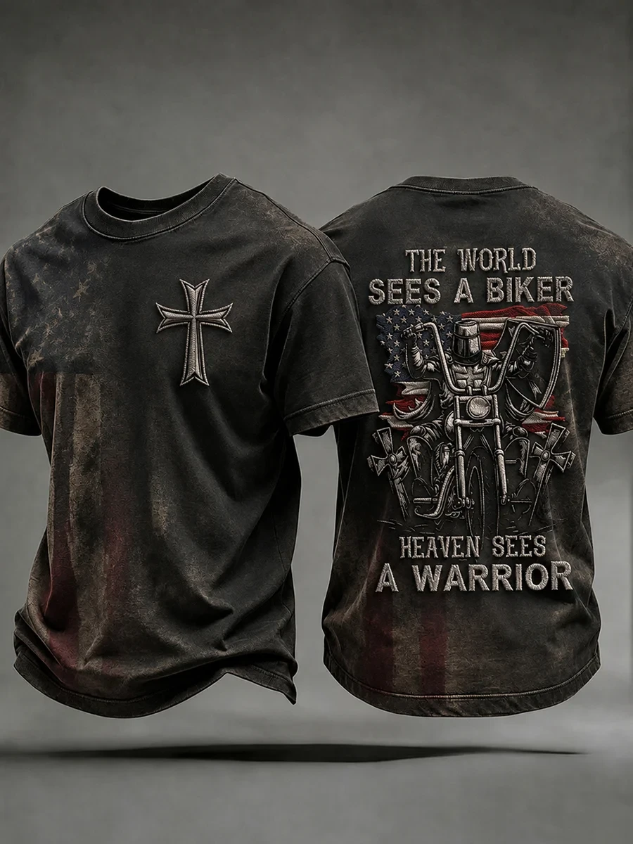 The World Sees A Biker Heaven Sees A Warrior T-Shirt Christian Gift For Motorcycle Biker - Kdjoy
