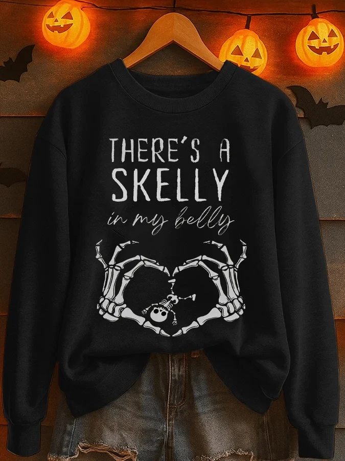 There Is A Skelly In My Belly Sweatshirt Funny Halloween Clothing Clothing Gift For Moms - Kdjoy There Is A Skelly In My Belly Sweatshirt Funny Halloween Clothing Clothing Gift For Moms - Kdjoy