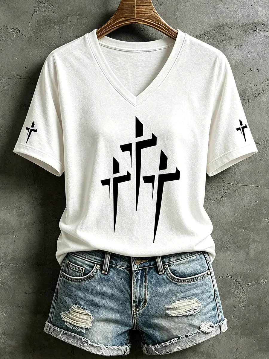 Three Crosses V-Neck Shirt Christian Faith Shirt Top Gifts For Fans - Kdjoy Three Crosses V-Neck Shirt Christian Faith Shirt Top Gifts For Fans - Kdjoy