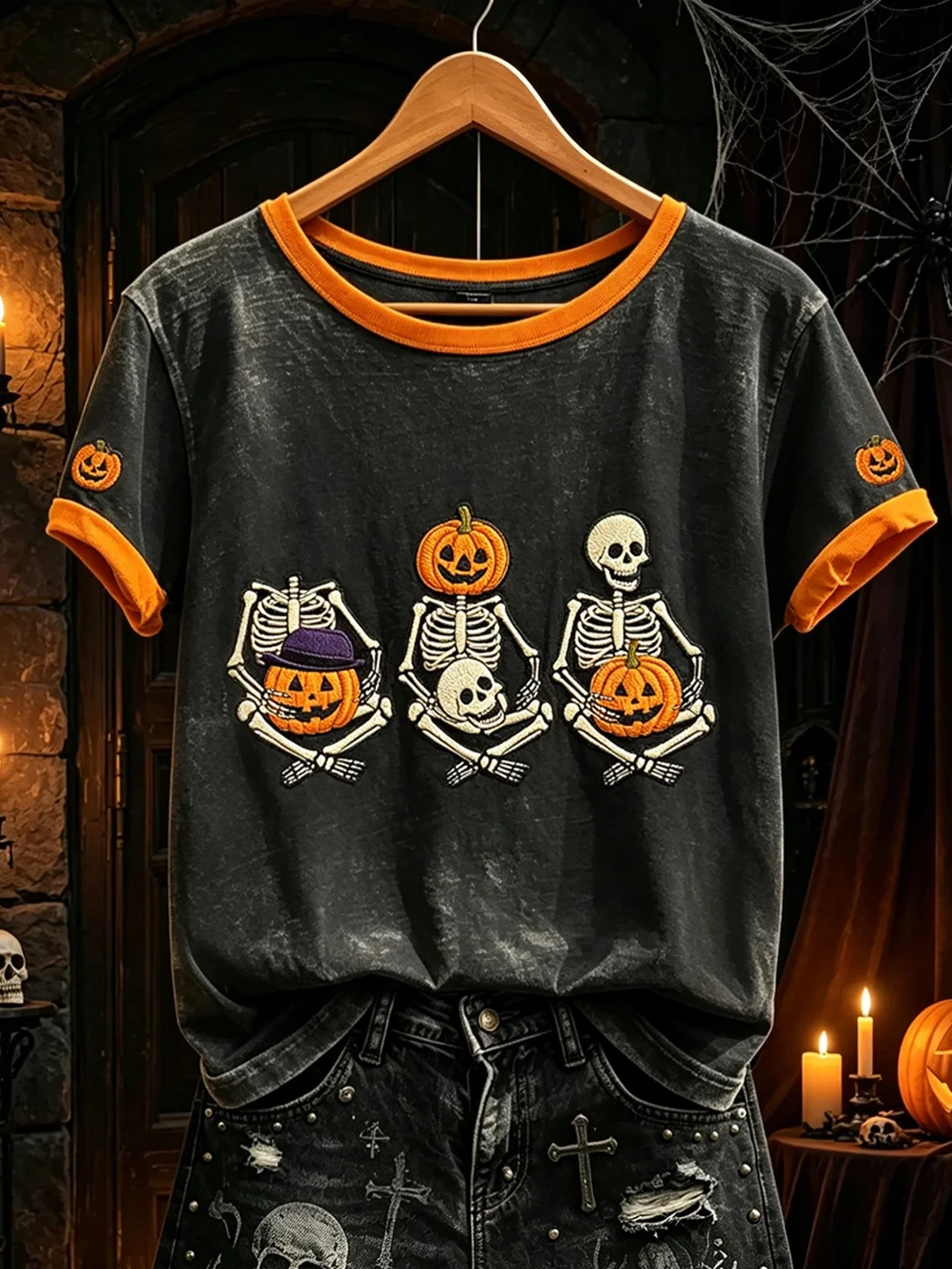 Three Skeletons Pumpkins T-Shirt Halloween Spooky Tee Halloween Clothes For Her - Kdjoy