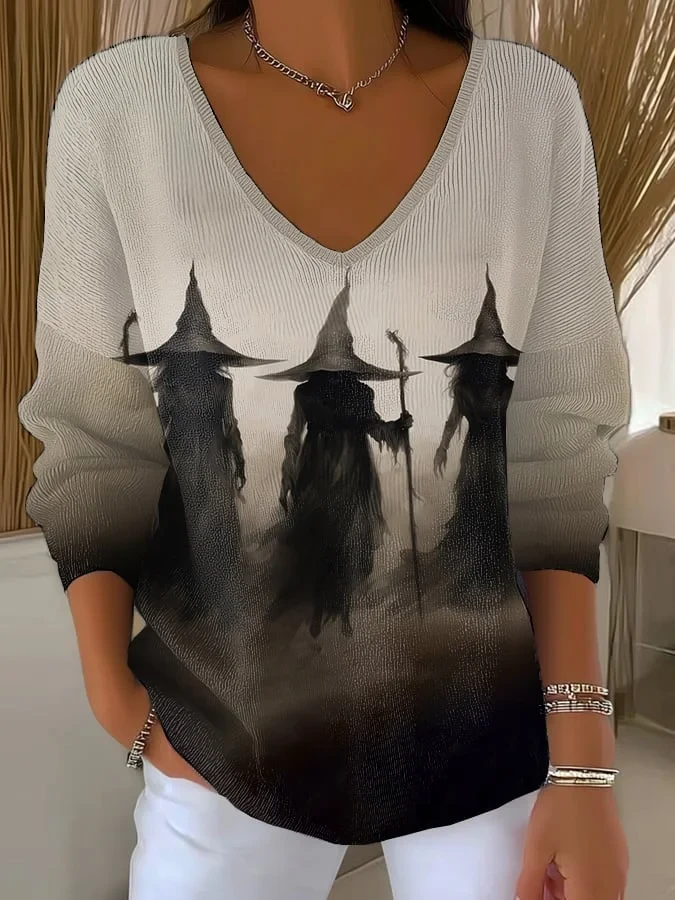 Three Witches Silhouette Spooky V-Neck Long Sleeve Shirt Halloween Themed Clothing Gift - Kdjoy