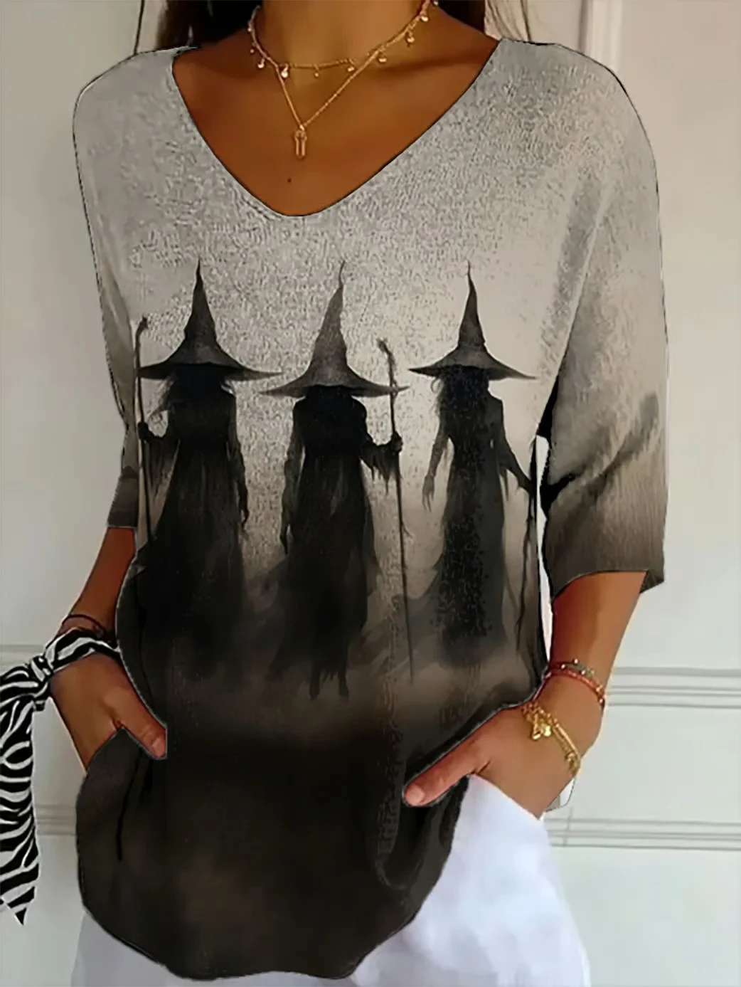 Three Witches Spooky Silhouette V-Neck Long Shirt Halloween Tees Womens Gift For Women - Kdjoy