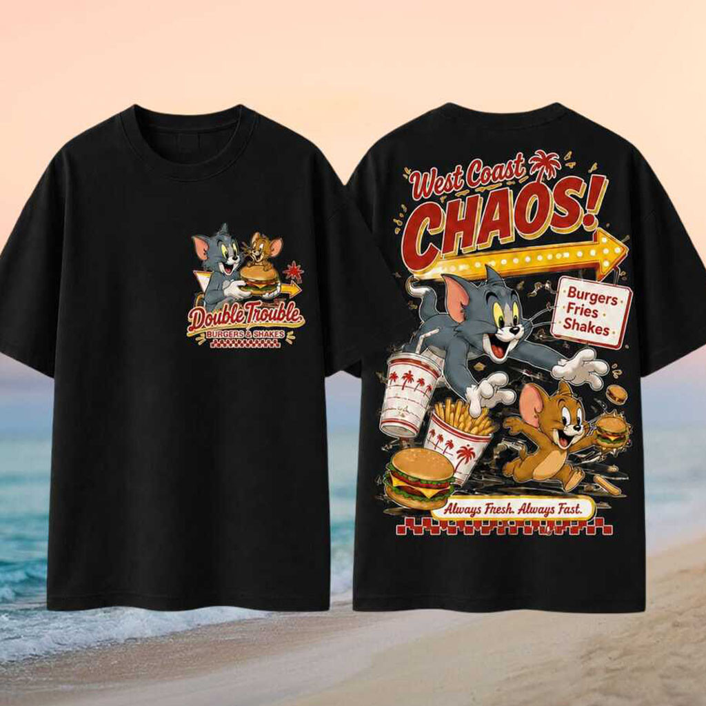 Tom And Jerry West Coast Chaos Burgers Fries Shakes Shirt Tom And Jerry Merch BFF Gifts - Kdjoy Tom And Jerry West Coast Chaos Burgers Fries Shakes Shirt Tom And Jerry Merch BFF Gifts - Kdjoy