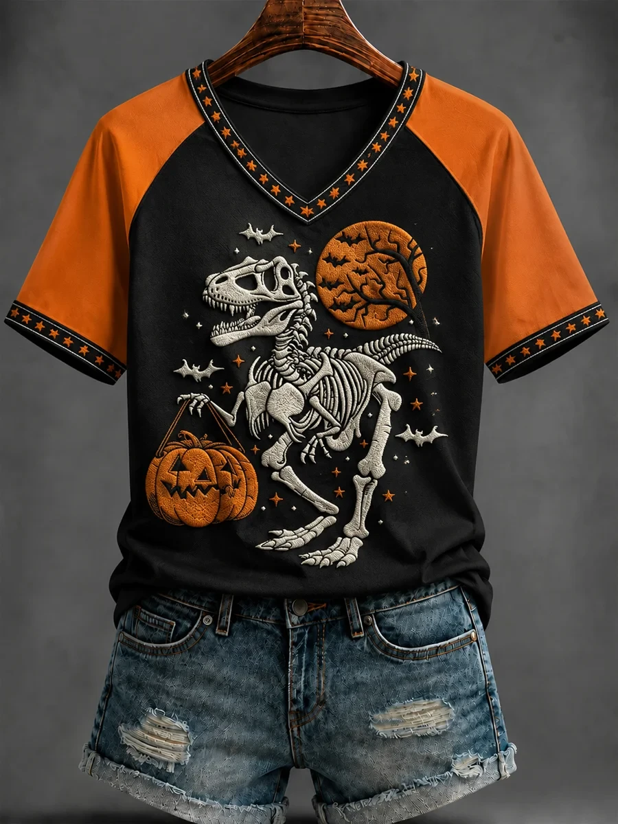 TRex Skeleton Halloween V-Neck Shirt Dinosaur Pumpkin Trick Or Treat Merch Spooky Dino Gifts - Kdjoy TRex Skeleton Halloween V-Neck Shirt Dinosaur Pumpkin Trick Or Treat Merch Spooky Dino Gifts - Kdjoy