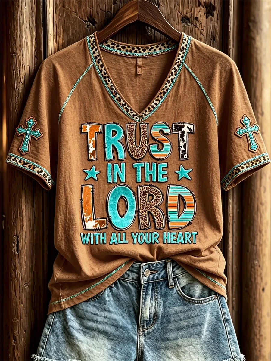 Trust In The Lord With All Your Heart Turquoise Cross Leopard Western V-Neck Shirt Christ Gifts - Kdjoy