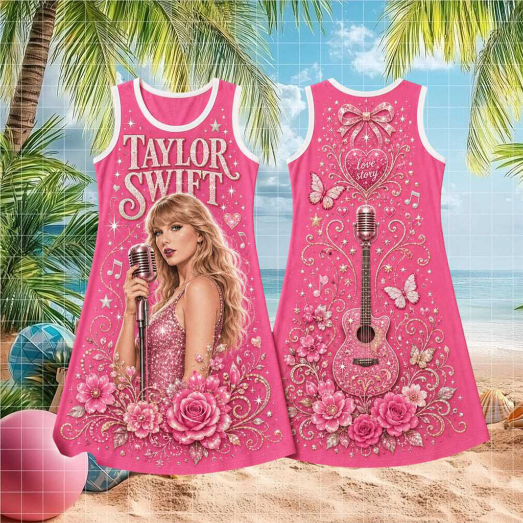 TS Love Story Pink Floral Sparkle Pop Star Concert Sleeveless Dress Gift For Swifties - Kdjoy