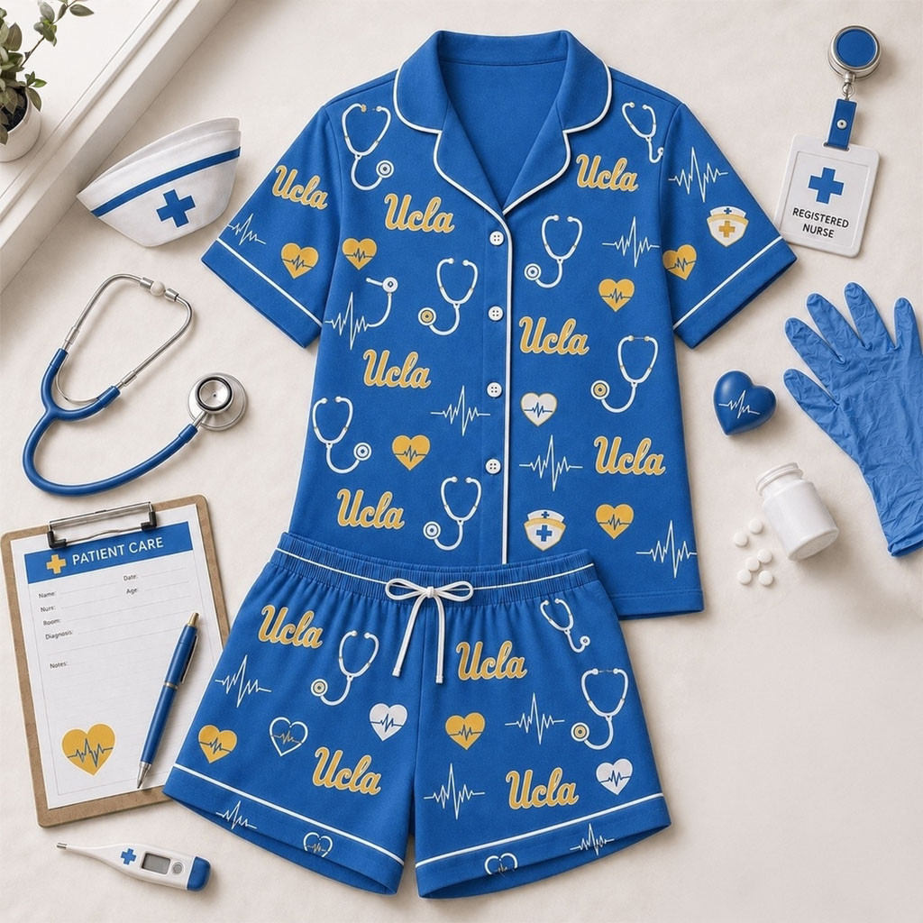 UCLA Bruins Heartbeats And Home Teams Short Sleeve Pajamas Set Bruins Merch Girlfriend Gifts - Kdjoy