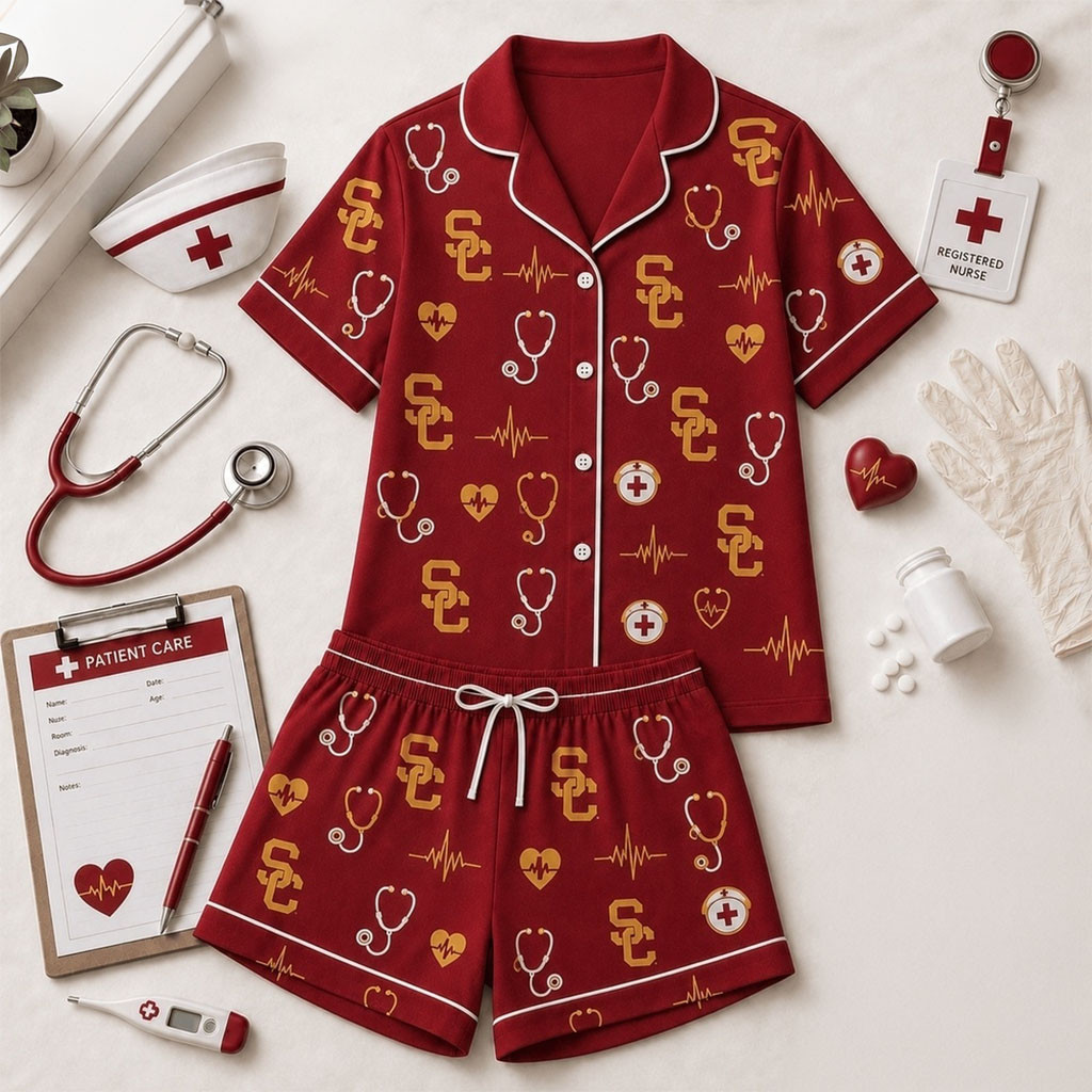 USC Trojans Heartbeats And Home Teams Short Sleeve Pajamas Set USC Trojans Merch Girlfriend Gifts - Kdjoy