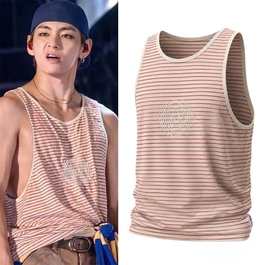 V BTS In Foxborough Day 2 Red Striped Swirl Tank Top BTS World Tour Arirang Merch Fan Gifts - Kdjoy