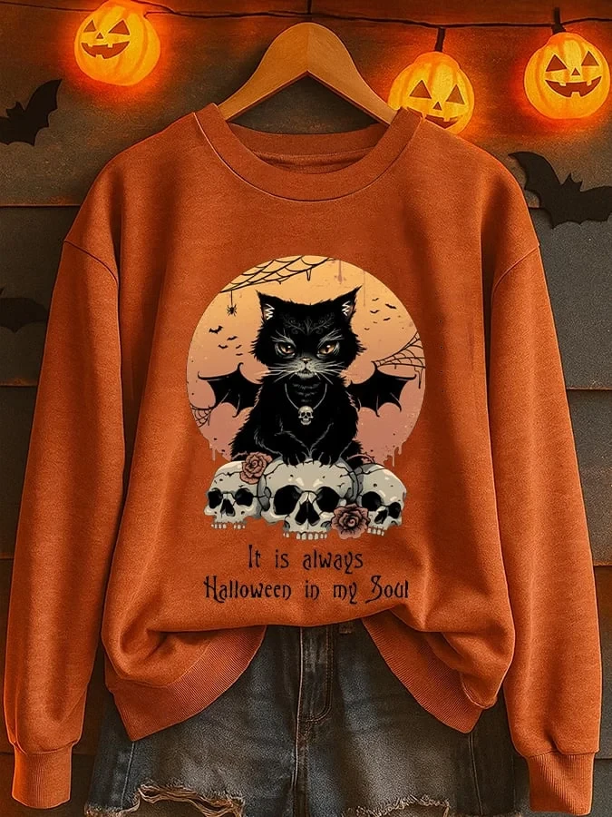 Vampire Kitten It Is Always Halloween In My Soul Sweatshirt Spooky Black Cat Wings Pumpkin Merch - Kdjoy Vampire Kitten It Is Always Halloween In My Soul Sweatshirt Spooky Black Cat Wings Pumpkin Merch - Kdjoy