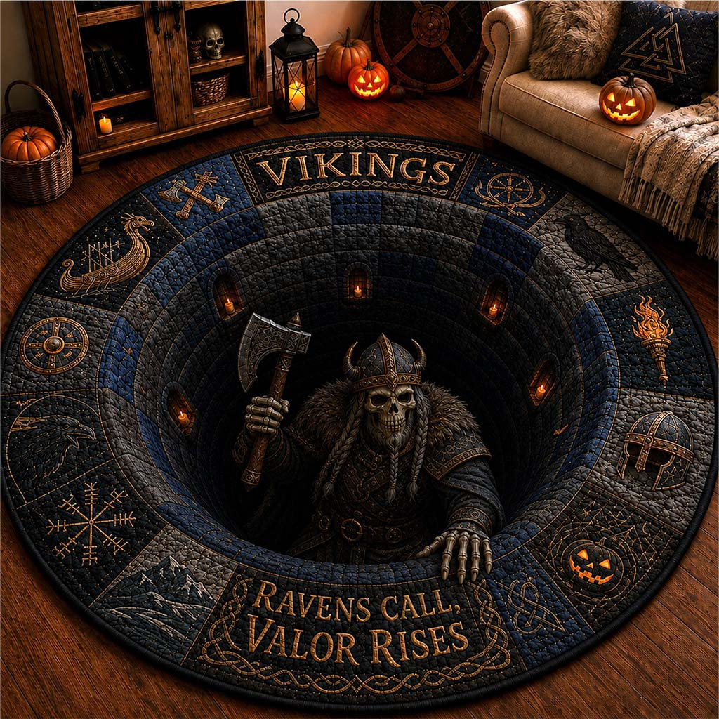 Vikings Ravens Call Valor Rises Halloween Quilted Round Mat Christmas Living Room Decor - Kdjoy