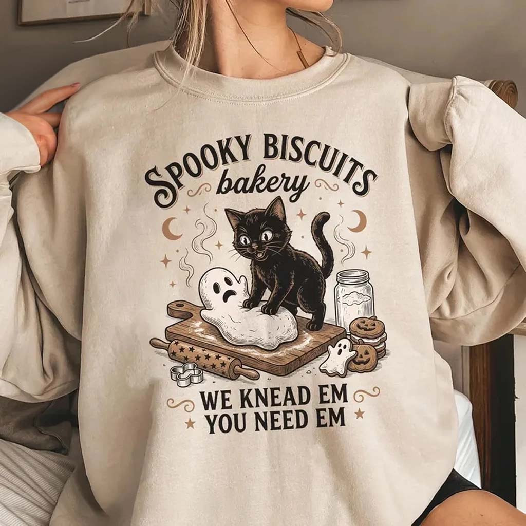 Vintage Black Cat Halloween Sweatshirt Spooky Biscuits Bakery Crewneck Funny Halloween Gifts - Kdjoy