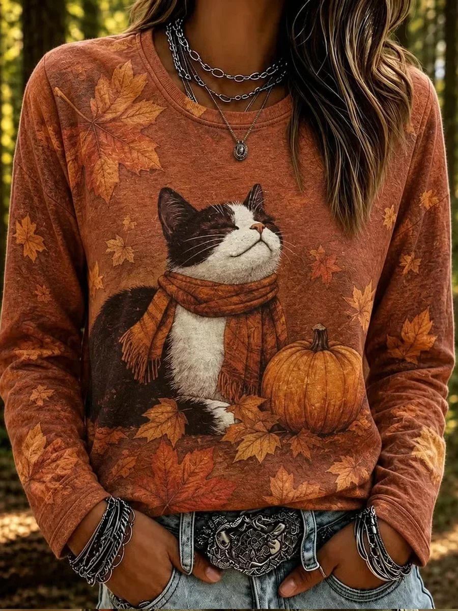 Vintage Fall Cat Sweatshirt Autumn Cat Merch Birthday Presents For Mom - Kdjoy