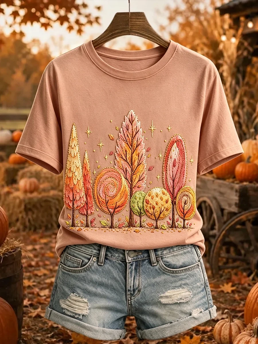 Vintage Fall Trees Print T-Shirt Casual Autumn Outfits Birthday Idas For Her - Kdjoy