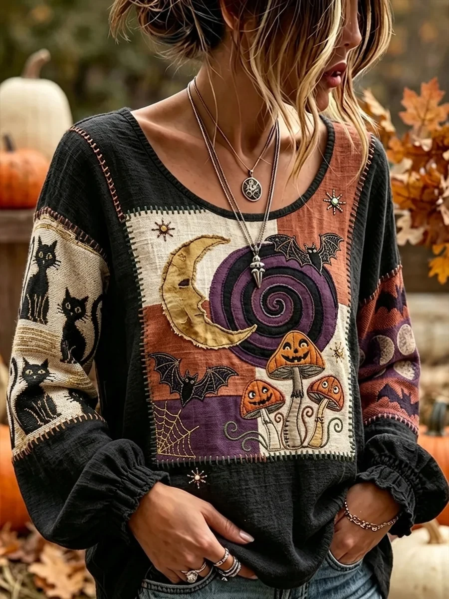 Vintage Floral Patchwork V-Neck Long Sleeve Shirt Christian Cross Lace Boho Faith Apparel Gift - Kdjoy