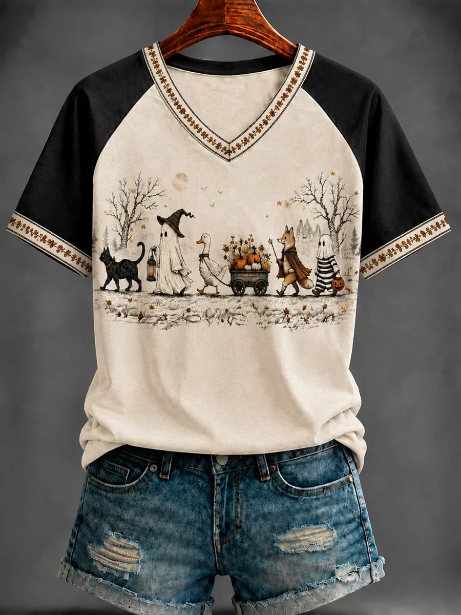 Vintage Halloween Parade V-Neck Shirt Ghost Goose Black Cat Spooky Season Apparel Gift - Kdjoy