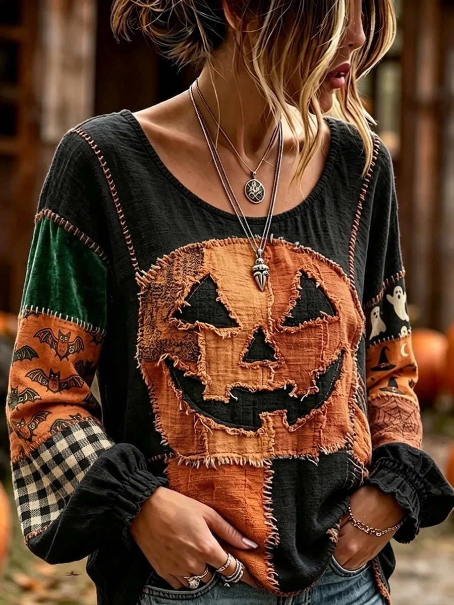 Vintage Halloween Pumpkin Patchwork Long-Sleeve Shirt Boho Spooky Season Merch Gift For Her - Kdjoy