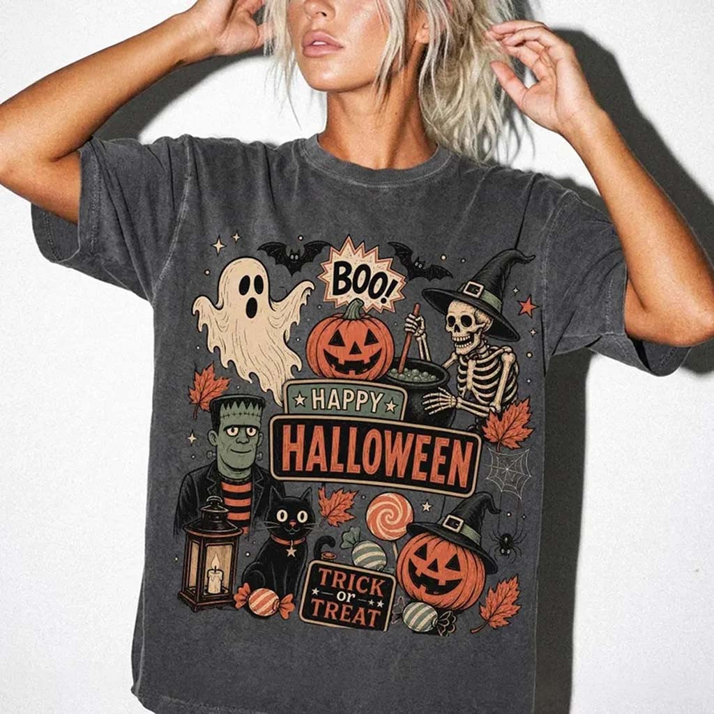 Vintage Happy Halloween Shirt Trick Or Treat Shirt Popular Halloween Apparel Gift Ideas - Kdjoy