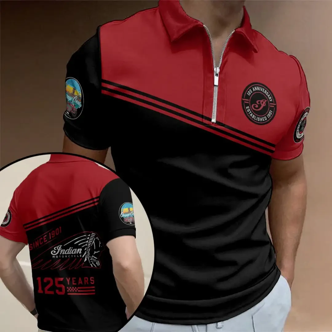 Vintage Indian Motorcycle 1901 125th Anniversary Zip Polo Shirt Indian Motorcycle Merch - Kdjoy