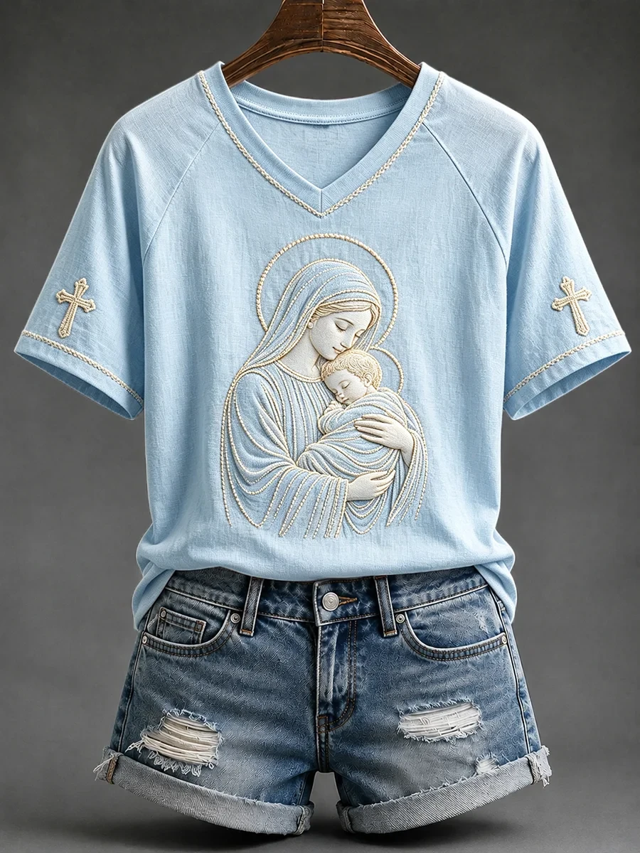 Virgin Mary Cross Print V-Neck T-Shirt Womens Faith Based Apparel Gifts For Mother - Kdjoy