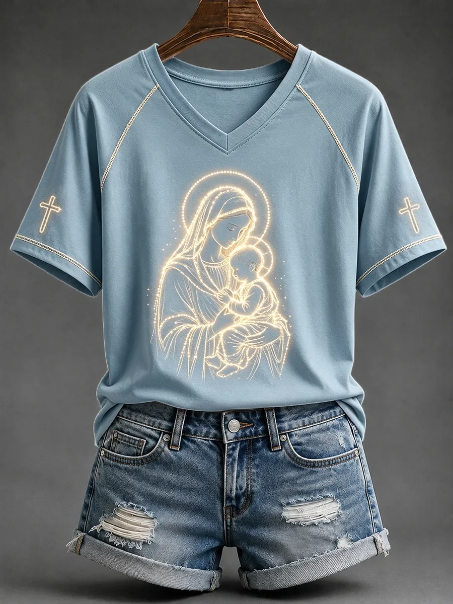 Virgin Mary Cross V-Neck Shirt Faith Based Apparel Gifts For Mother - Kdjoy
