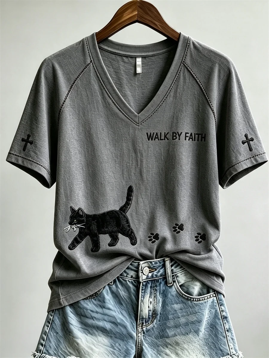 Walk By Faith Black Cat And Paw V-Neck Shirt Christian Apparel Best Gifts For Cat Lovers - Kdjoy