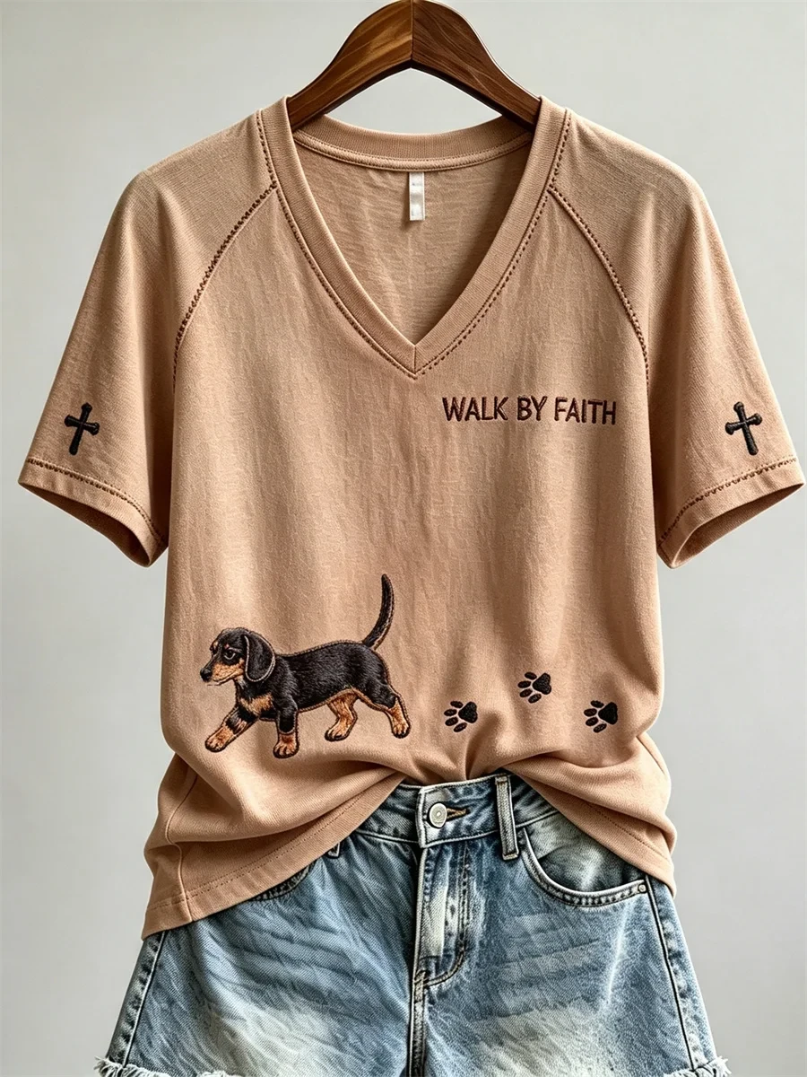 Walk By Faith Dachshund Dog And Paw V-Neck Shirt Cool Christian Apparel Sausage Dog Lover Gifts - Kdjoy