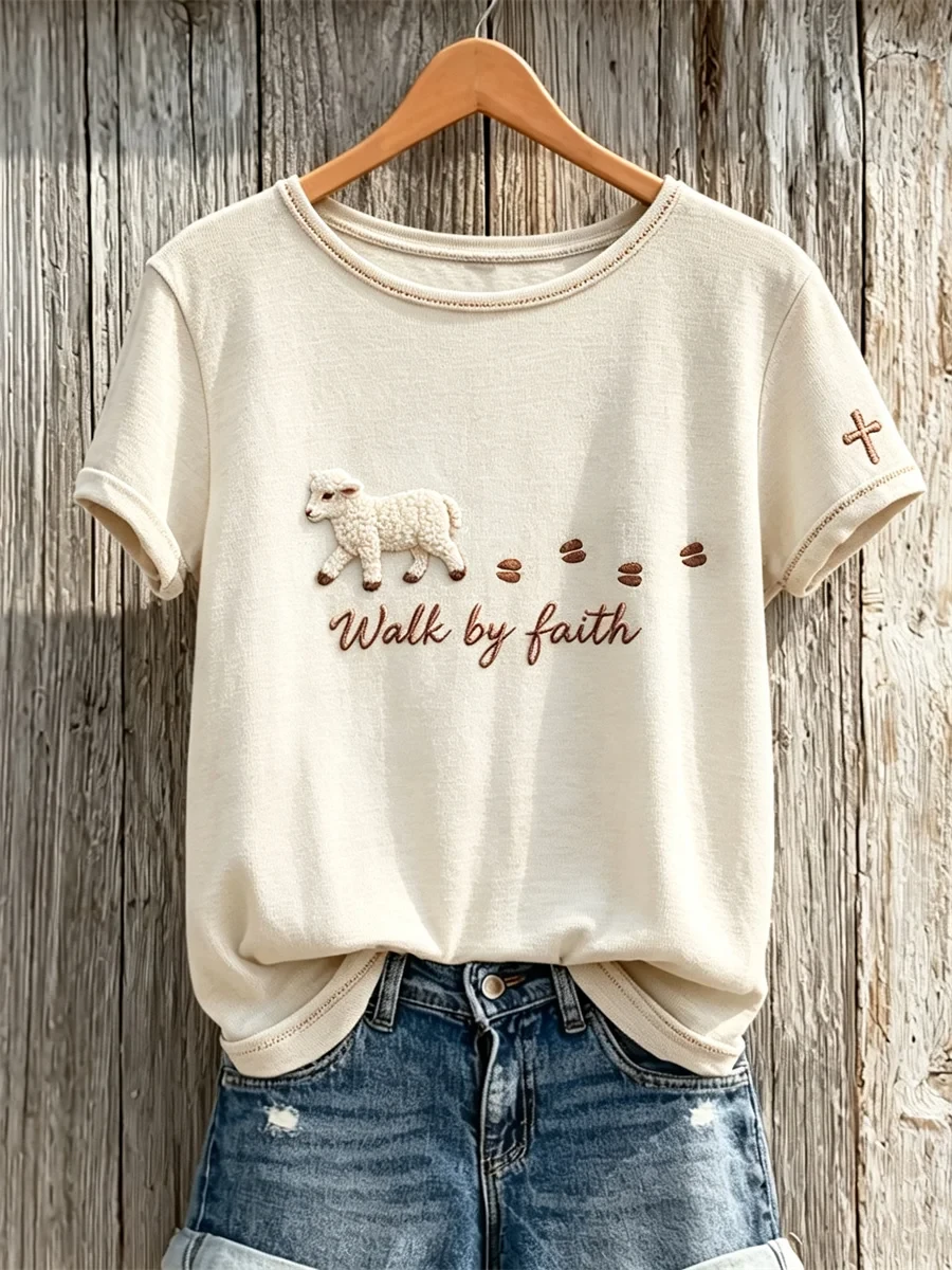 Walk By Faith Fuzzy Lamb And Paw Prints T-Shirt Christian Based Apparel Gift For Her - Kdjoy