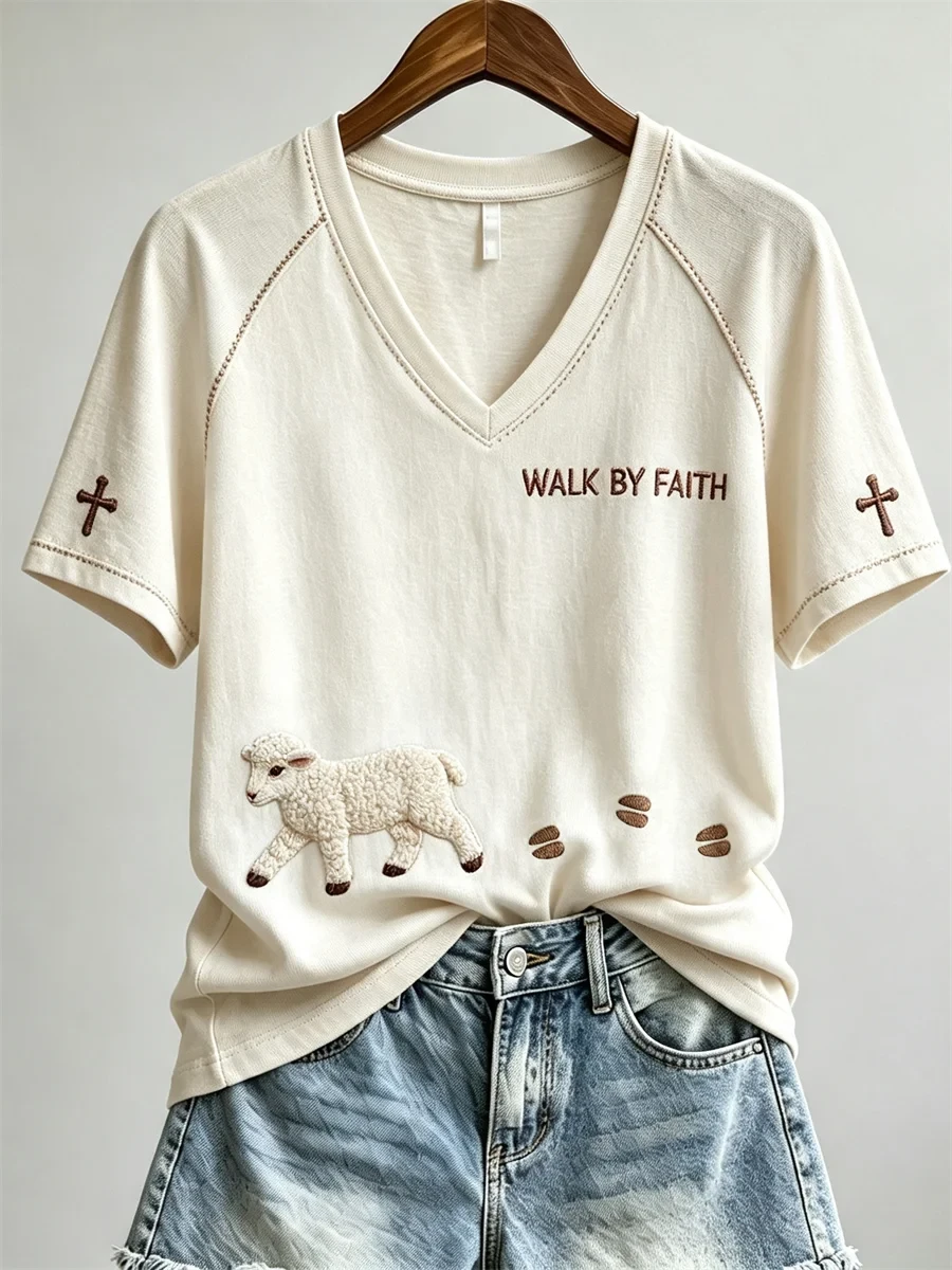Walk By Faith Fuzzy Lamb And Paw V-Neck Shirt Faith Based Clothing Christian Gifts - Kdjoy