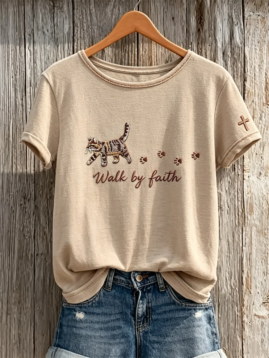 Walk By Faith Fuzzy Tabby Cat And Paw Prints T-Shirt Christian Apparel Gift For Cat Lovers - Kdjoy
