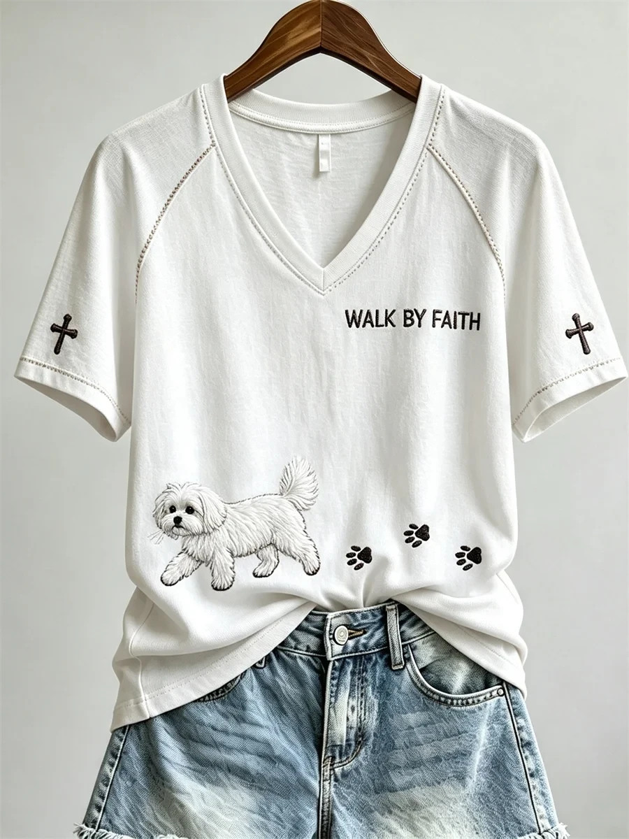 Walk By Faith Maltese Dog And Paw V-Neck Shirt Faith Based Apparel Gift For Dog Lovers - Kdjoy