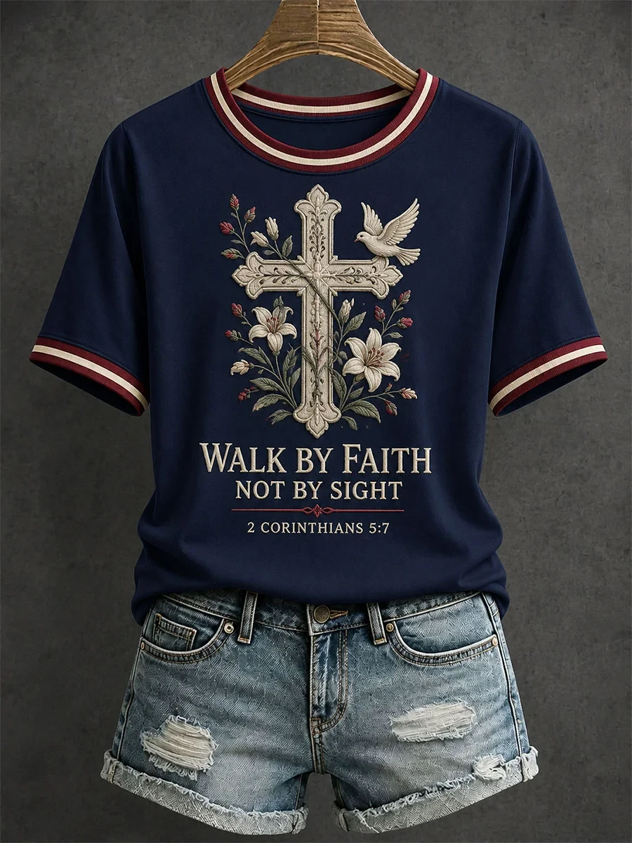 Walk By Faith Not By Sight T-Shirt Floral Holy Cross Shirt Biblical Gifts For Her - Kdjoy