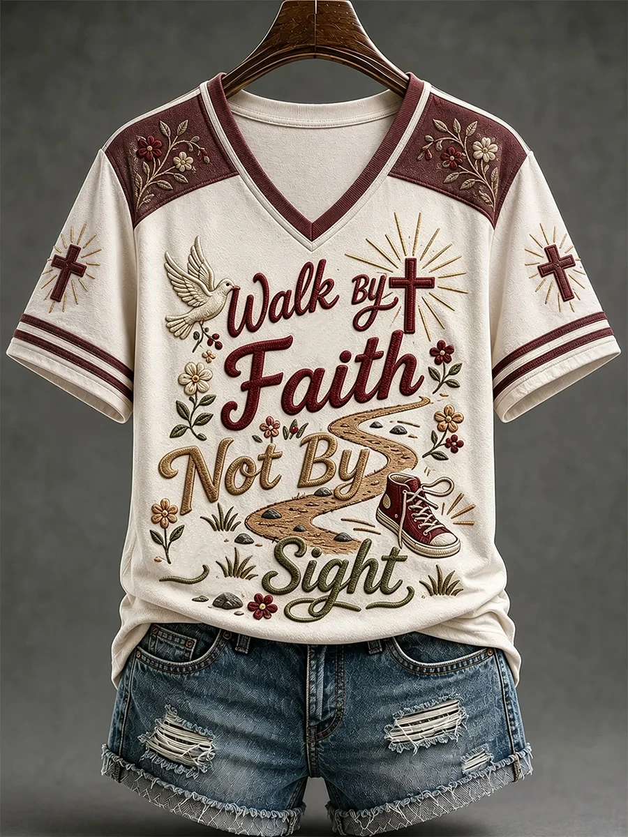 Walk By Faith Not By Sight V-Neck Shirt Active Faith Gear Christian Gift Shop - Kdjoy
