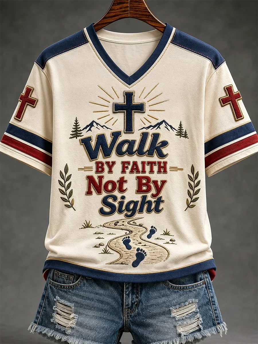 Walk By Faith Not By Sight V-Neck Shirt Christian Cross Apparel Gift For Him - Kdjoy Walk By Faith Not By Sight V-Neck Shirt Christian Cross Apparel Gift For Him - Kdjoy