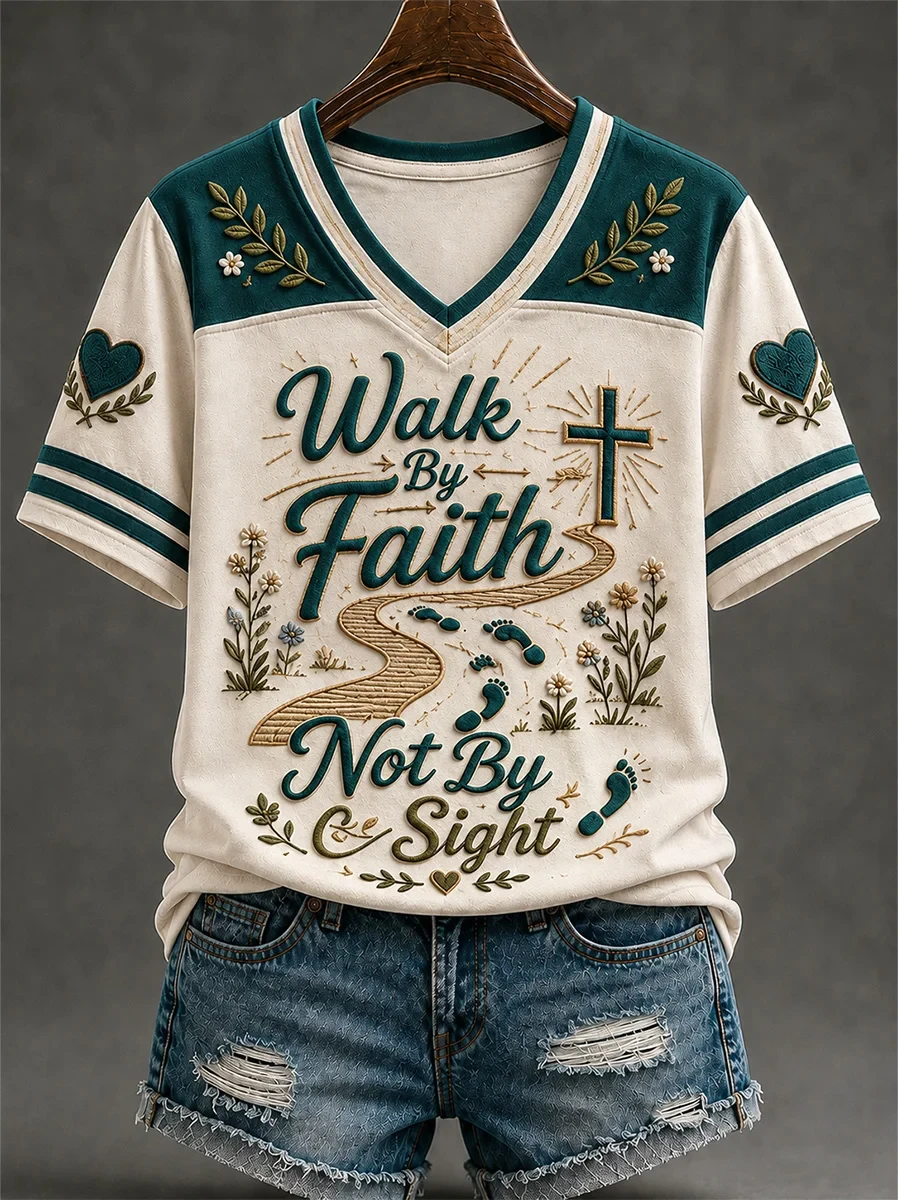 Walk By Faith Not By Sight V-Neck Shirt Christian Cross Leopard Clothes Gift For Her - Kdjoy
