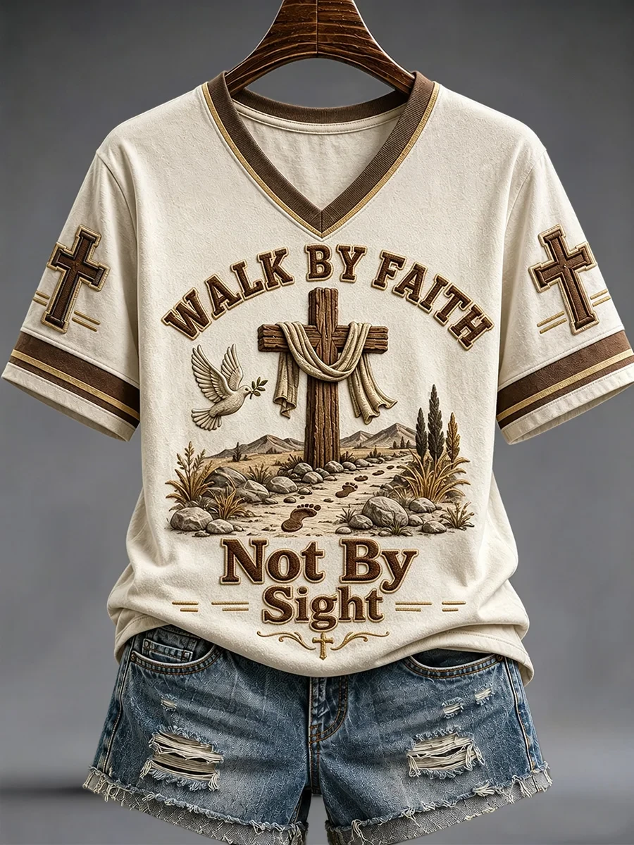 Walk By Faith Not By Sight V-Neck Shirt Faith Outfits Christian Gifts For Girlfriend - Kdjoy Walk By Faith Not By Sight V-Neck Shirt Faith Outfits Christian Gifts For Girlfriend - Kdjoy
