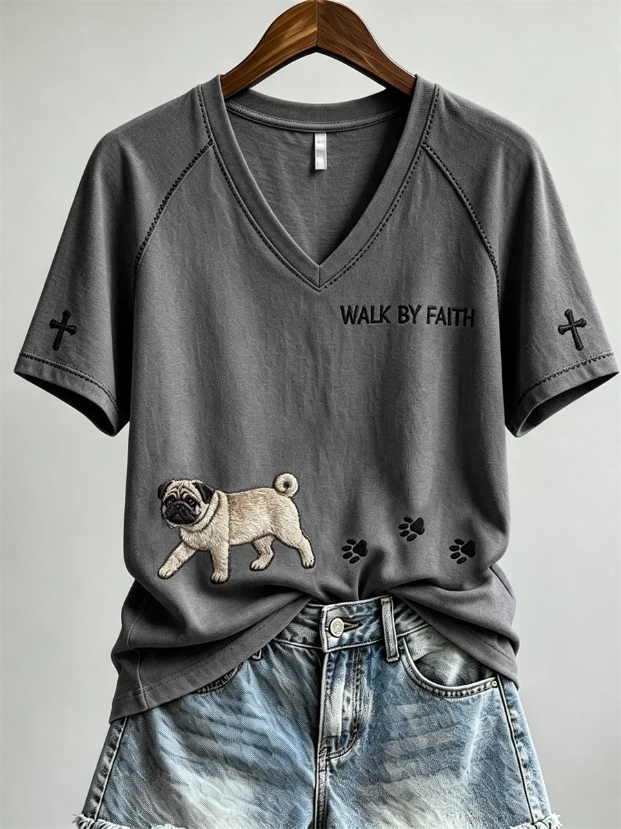 Walk By Faith Pug Dog And Paw V-Neck Shirt Faith In Love Clothing Gift For Pug Lovers - Kdjoy