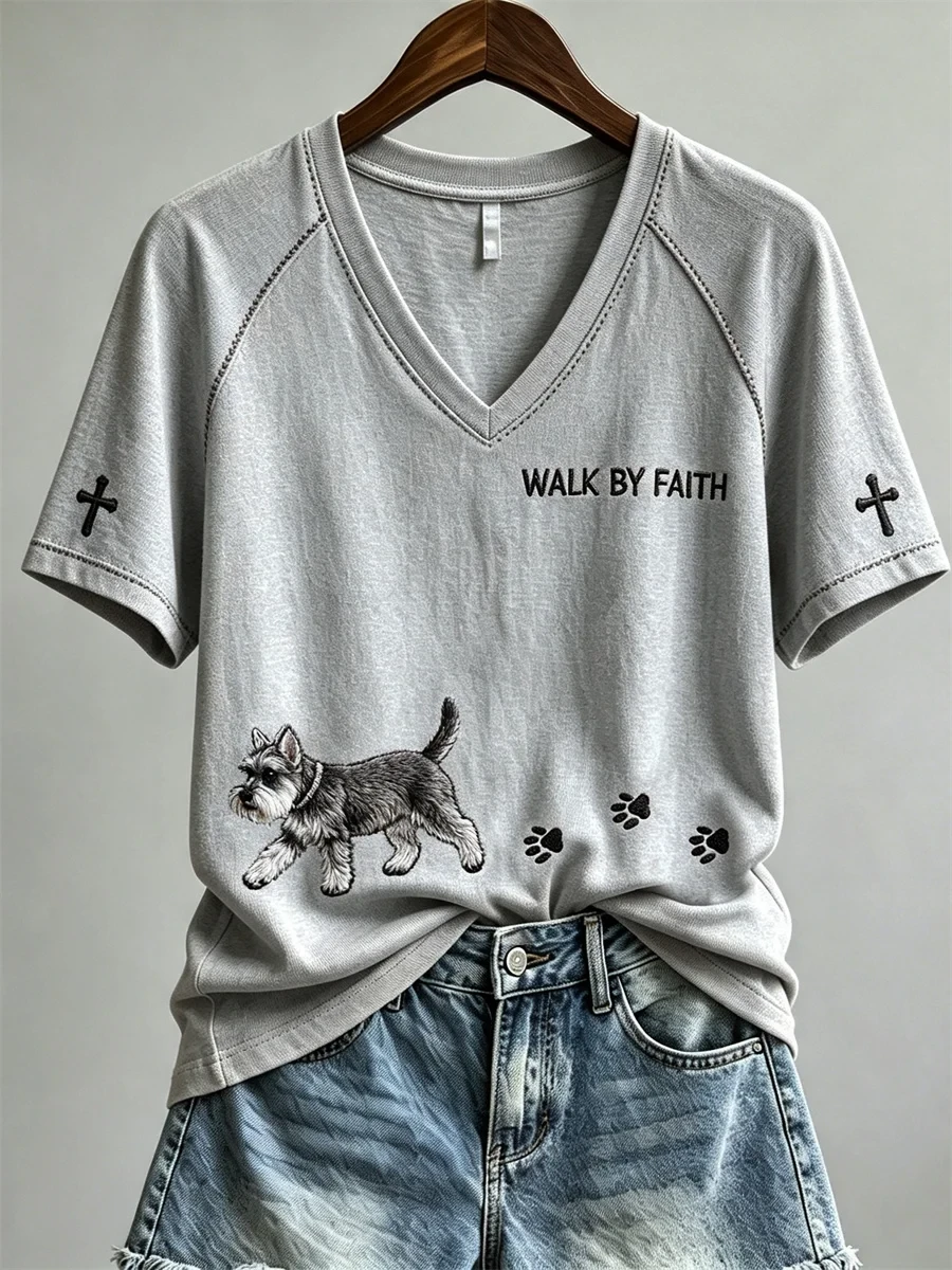 Walk By Faith Schnauzer Dog And Paw V-Neck Shirt Elevated Faith Apparel Schnauzer Lover Gifts' - Kdjoy Walk By Faith Schnauzer Dog And Paw V-Neck Shirt Elevated Faith Apparel Schnauzer Lover Gifts' - Kdjoy