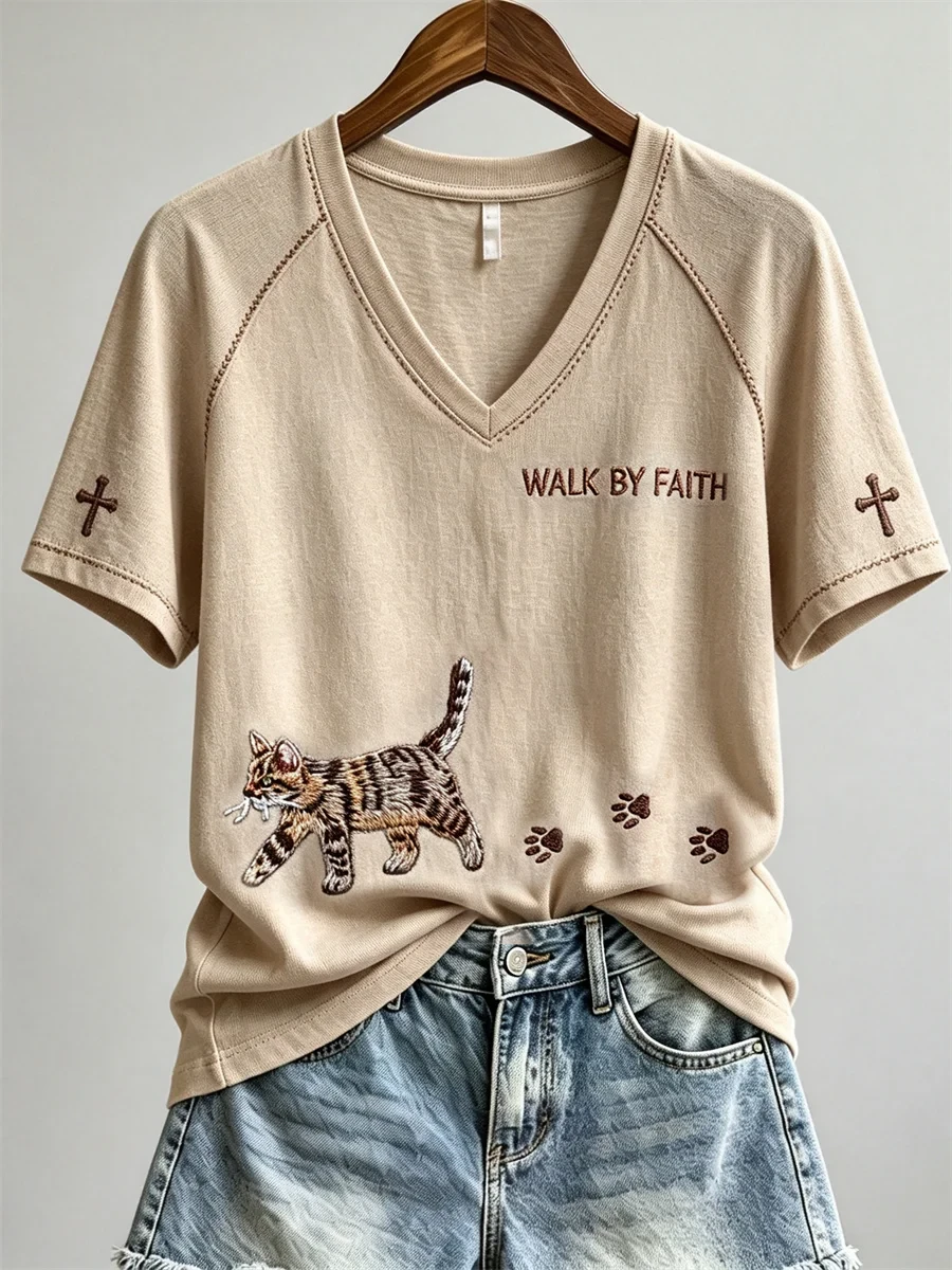 Walk By Faith Tabby Cat And Paw V-Neck Shirt Christian Based Apparel Gifts For Cat Lovers - Kdjoy