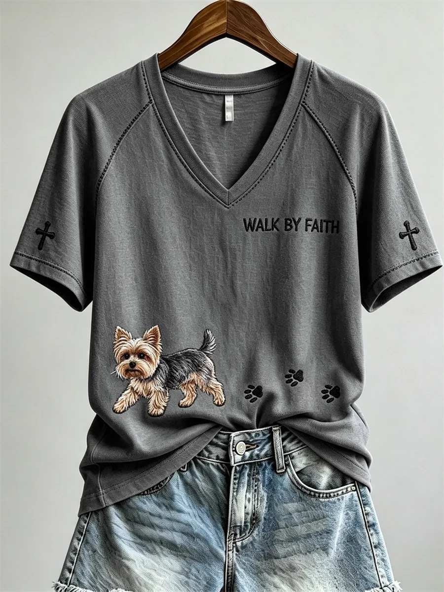 Walk By Faith Yorkshire Dog And Paw V-Neck Shirt Faith Based Clothing Stores Gift For Mom - Kdjoy
