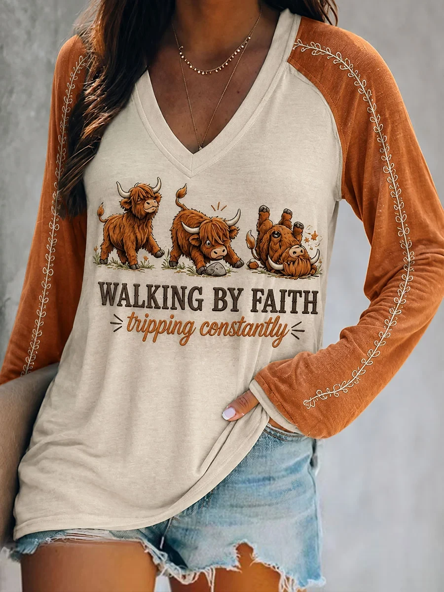 Walking By Faith Tripping Constantly Highland Cows V-Neck Long Sleeve Shirt Gifts For Fans - Kdjoy