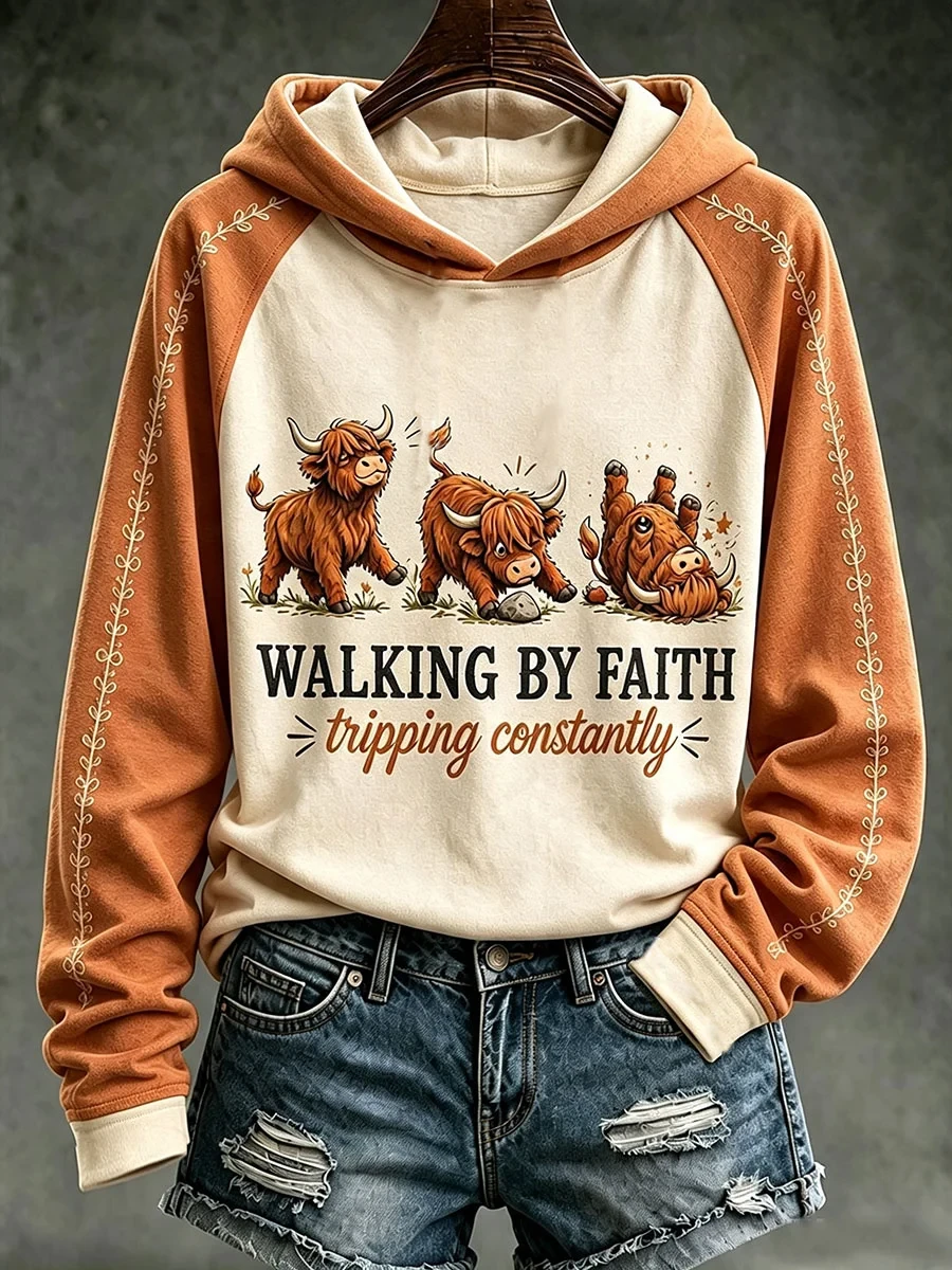 Walking By Faith Tripping Constantly Hoodie Funny Highland Cow Fall Apparel Gift For Mom - Kdjoy