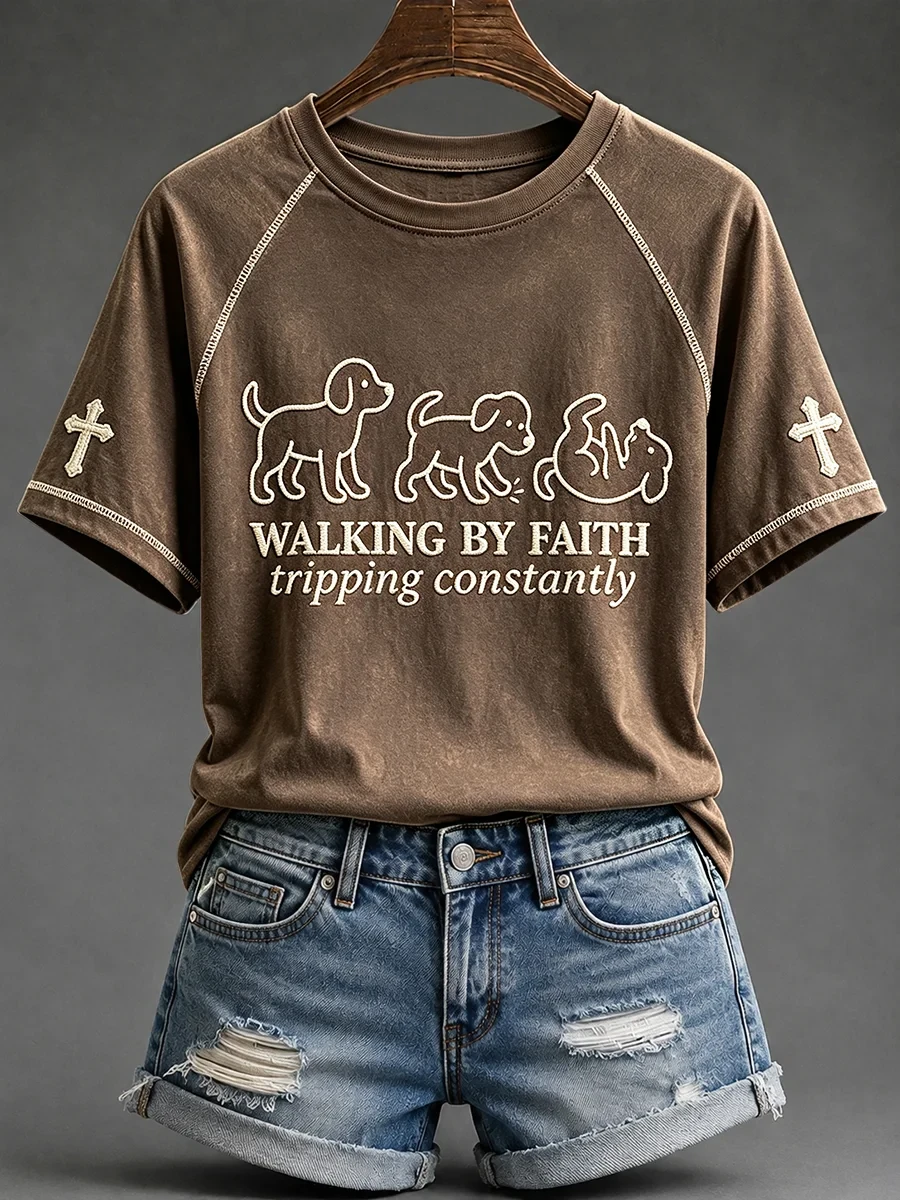 Walking By Faith Tripping Constantly Puppy Dog T-Shirt Funny Cute Christian Apparel BFF Gifts - Kdjoy