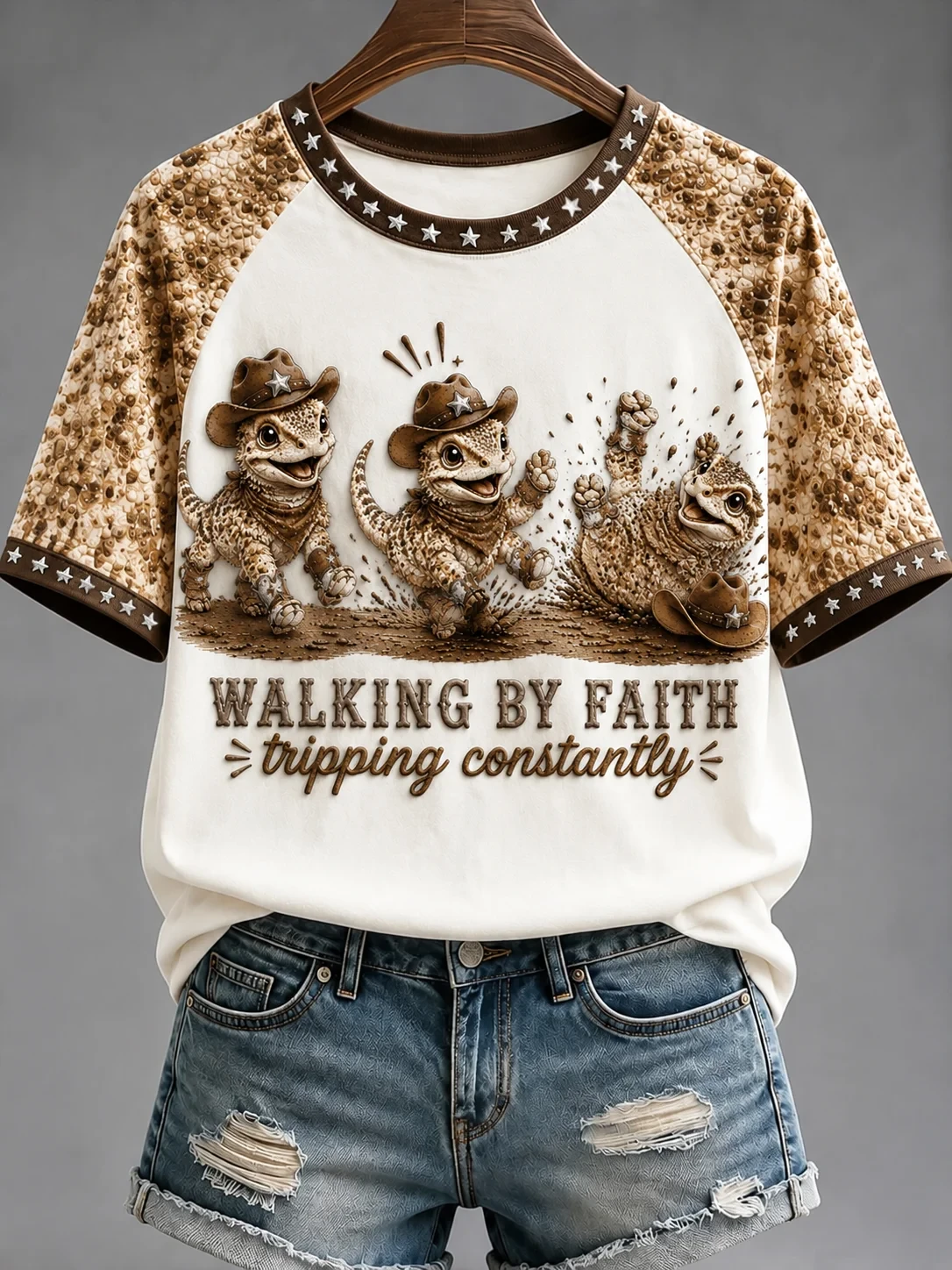 Walking By Faith Tripping Constantly T-Shirt Cowboy Dinosaur Shirt Gifts For Her - Kdjoy