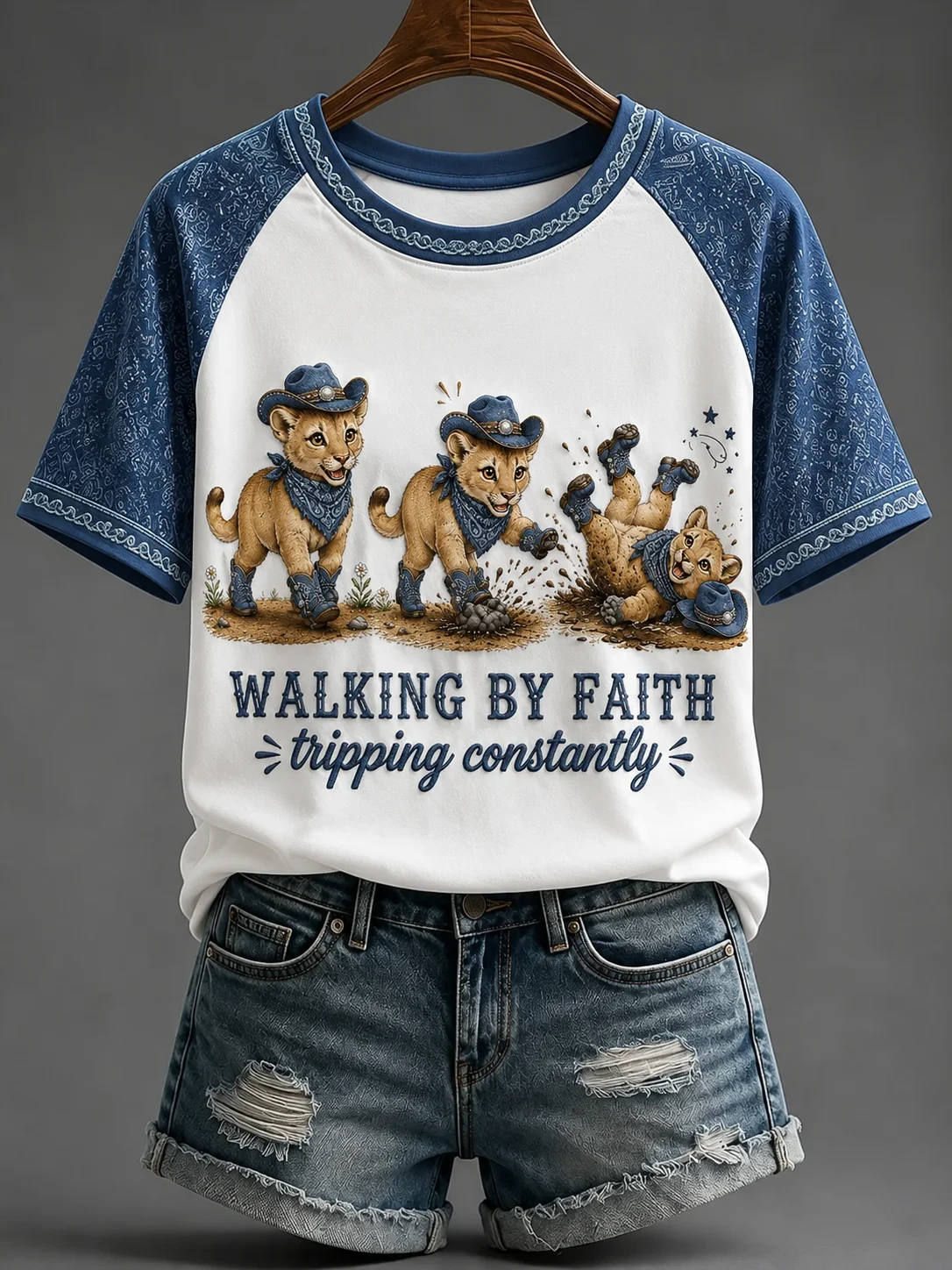 Walking By Faith Tripping Constantly T-Shirt Lion Cowboy Merch Clothing For Women - Kdjoy