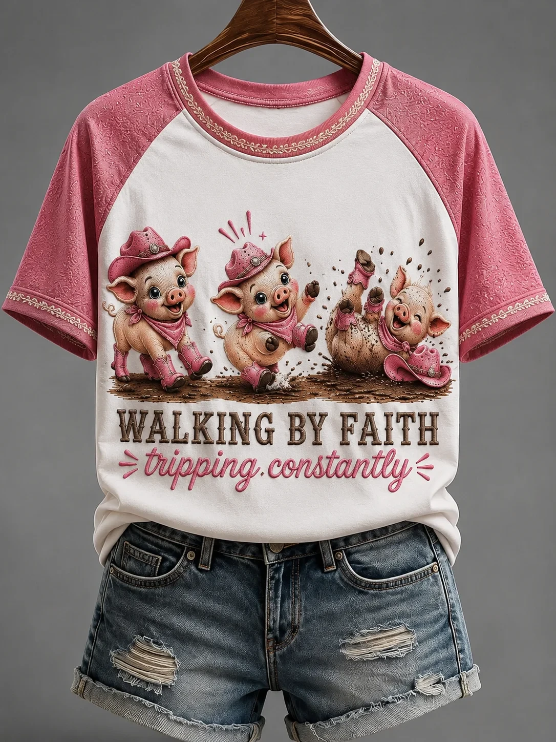 Walking By Faith Tripping Constantly T-Shirt Pig Farm Tee Gifts For Sister - Kdjoy